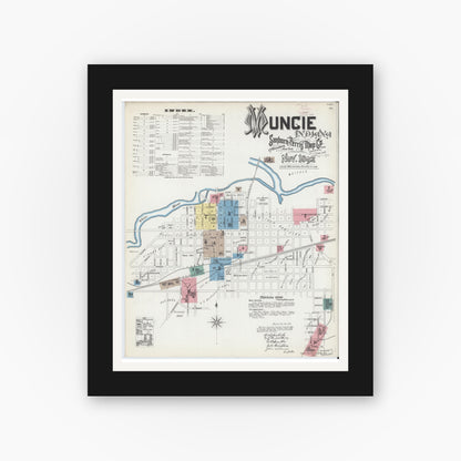 Old map wall art mockup — black gallery frame with white mat — Sanborn Fire Insurance Map from Muncie, Delaware County, Indiana (1892), Sheet #0001