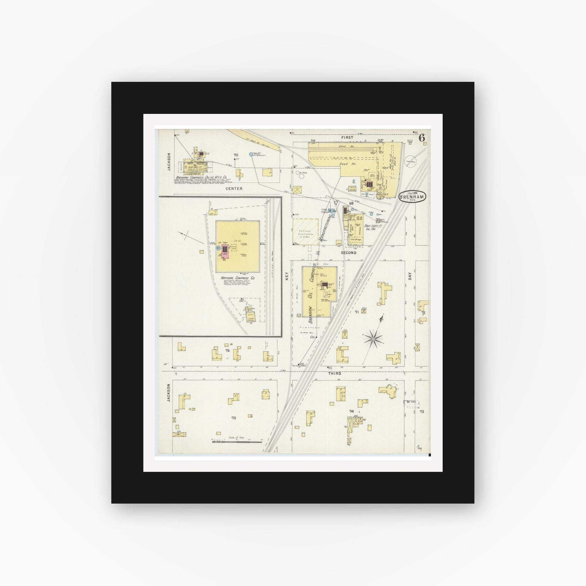 Old map wall art mockup — black gallery frame with white mat — Sanborn Fire Insurance Map from Brenham, Washington County, Texas (1896), Sheet #0006