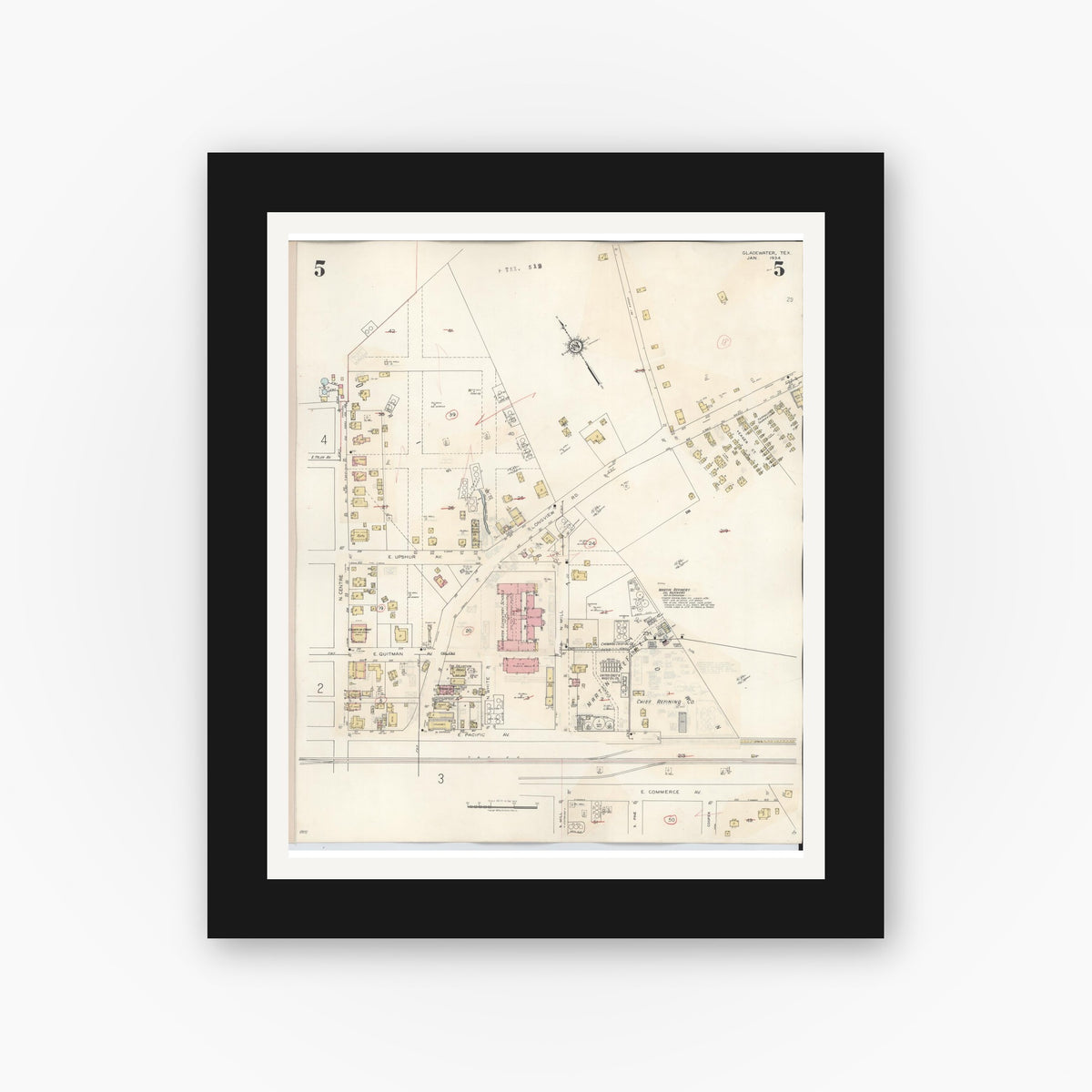 Old map wall art mockup — black gallery frame with white mat — Sanborn Fire Insurance Map from Gladewater, Gregg County, Texas (1938), Sheet #0005