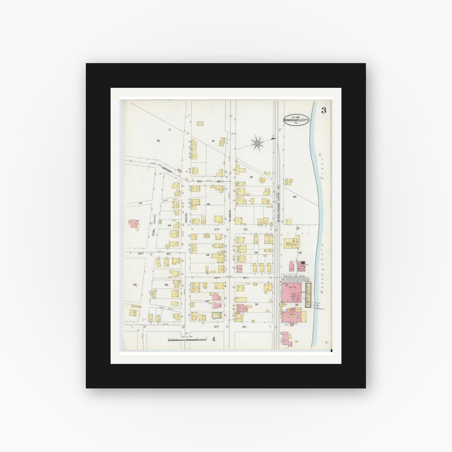 Old map wall art mockup — black gallery frame with white mat — Sanborn Fire Insurance Map from Monongahela City, Washington County, Pennsylvania (1905), Sheet #0003