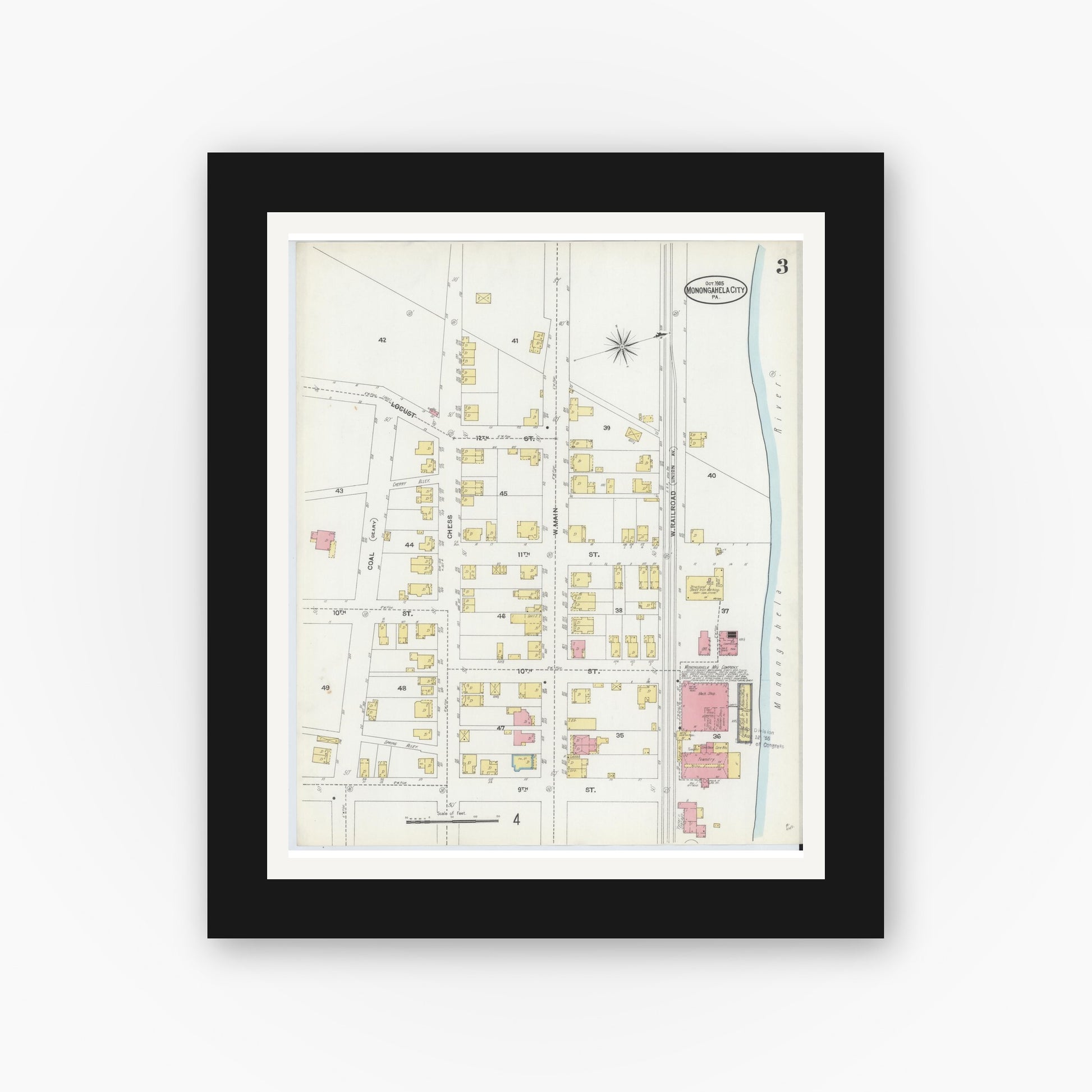 Old map wall art mockup — black gallery frame with white mat — Sanborn Fire Insurance Map from Monongahela City, Washington County, Pennsylvania (1905), Sheet #0003