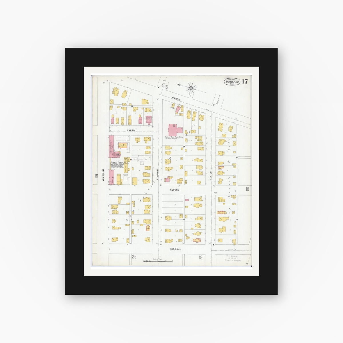 Old map wall art mockup — black gallery frame with white mat — Sanborn Fire Insurance Map from Mankato, Blue Earth County, Minnesota (1900), Sheet #0017