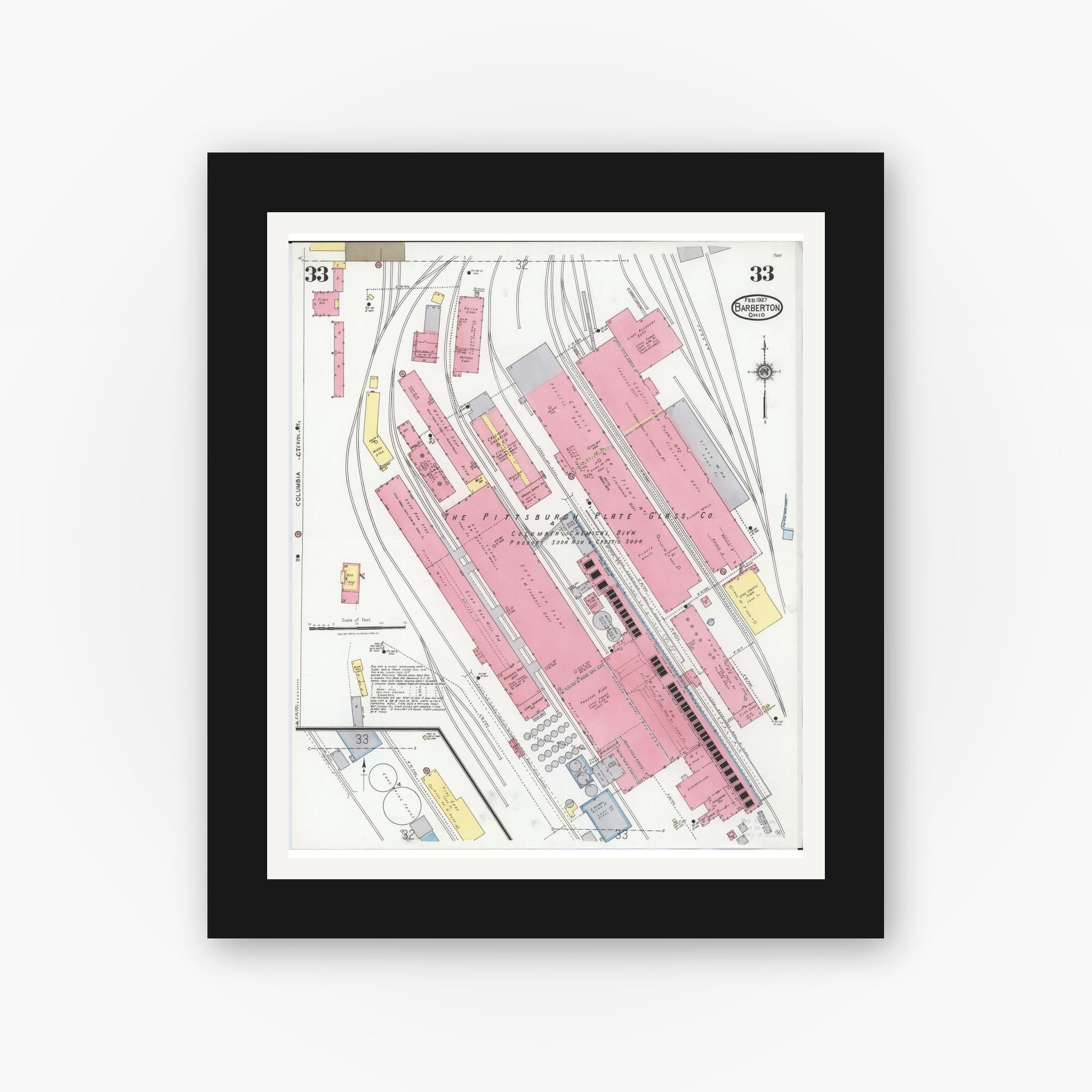 Old map wall art mockup — black gallery frame with white mat — Sanborn Fire Insurance Map from Barberton, Summit County, Ohio (1927), Sheet #0033