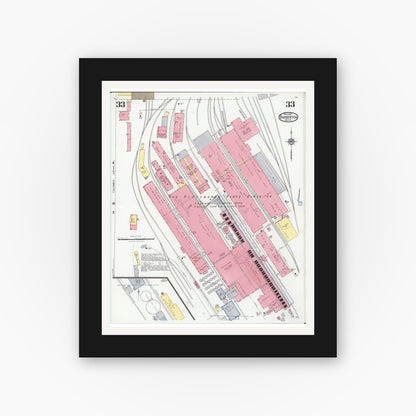 Old map wall art mockup — black gallery frame with white mat — Sanborn Fire Insurance Map from Barberton, Summit County, Ohio (1927), Sheet #0033