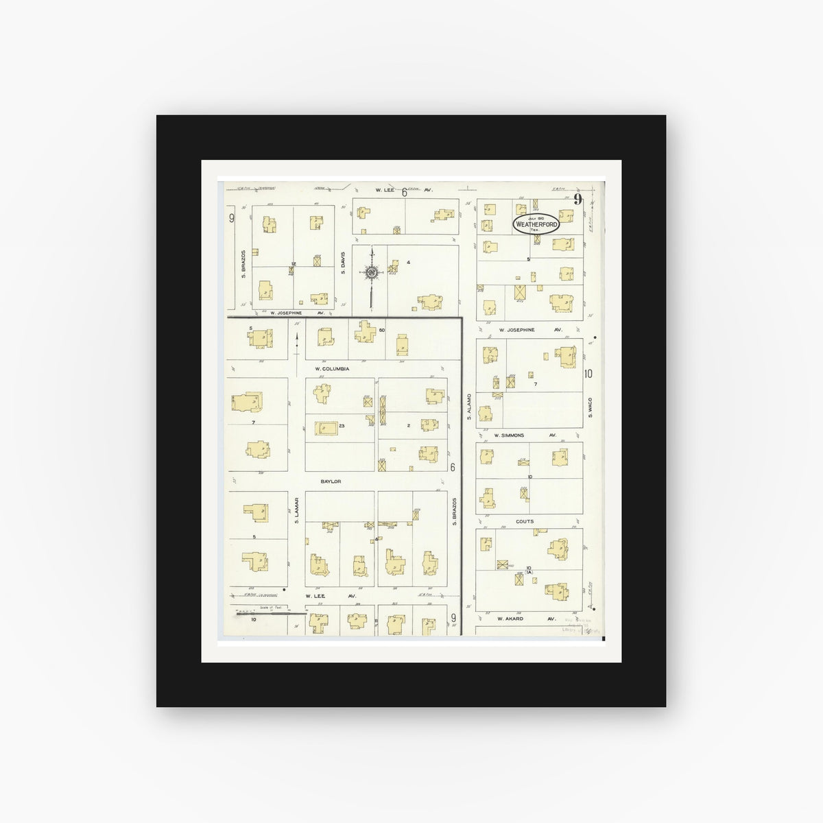 Old map wall art mockup — black gallery frame with white mat — Sanborn Fire Insurance Map from Weatherford, Parker County, Texas (1910), Sheet #0009