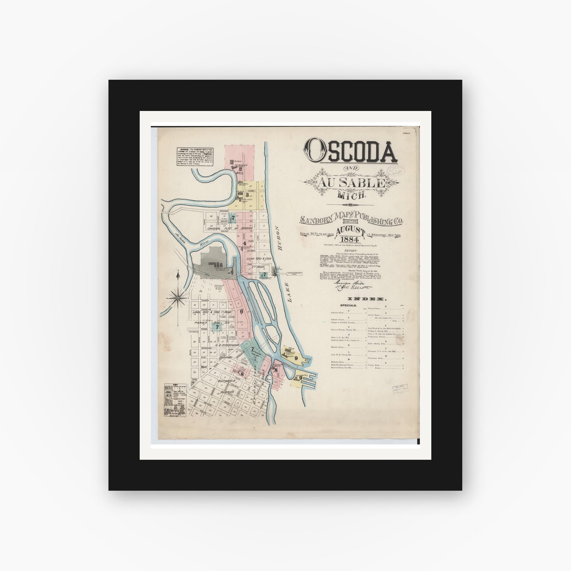 Old map wall art mockup — black gallery frame with white mat — Sanborn Fire Insurance Map from Oscoda, Iosco County, Michigan (1884), Sheet #0001
