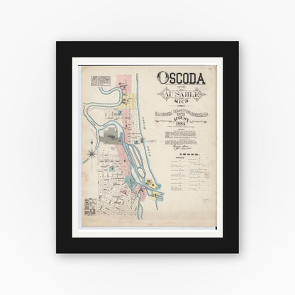 Old map wall art mockup — black gallery frame with white mat — Sanborn Fire Insurance Map from Oscoda, Iosco County, Michigan (1884), Sheet #0001