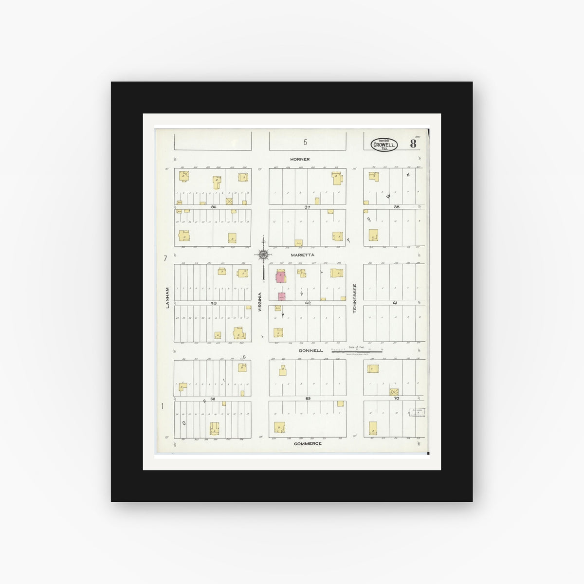 Old map wall art mockup — black gallery frame with white mat — Sanborn Fire Insurance Map from Crowell, Foard County, Texas (1921), Sheet #0008