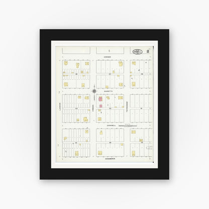 Old map wall art mockup — black gallery frame with white mat — Sanborn Fire Insurance Map from Crowell, Foard County, Texas (1921), Sheet #0008