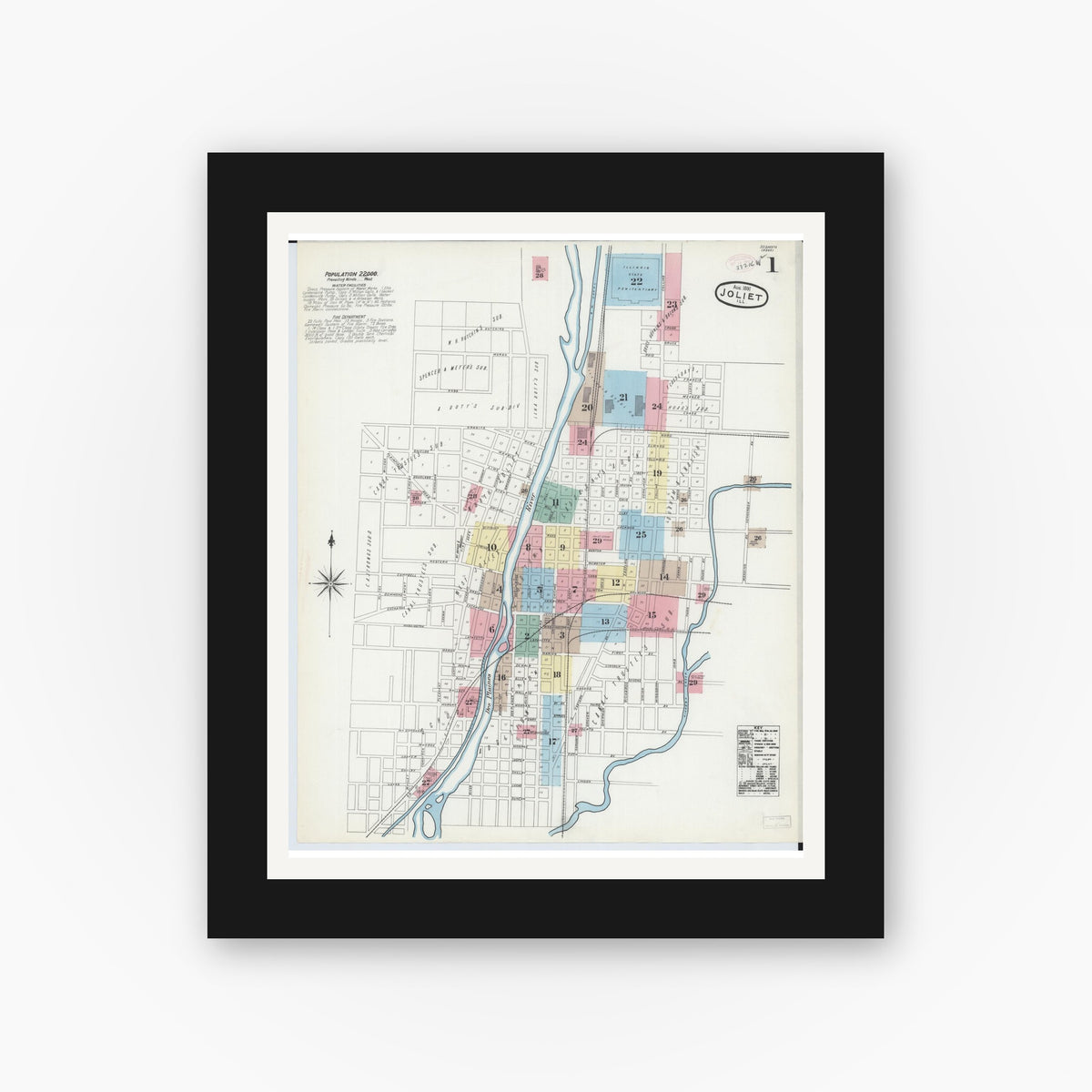 Old map wall art mockup — black gallery frame with white mat — Sanborn Fire Insurance Map from Joliet, Will County, Illinois (1891) - Complete Map Set
