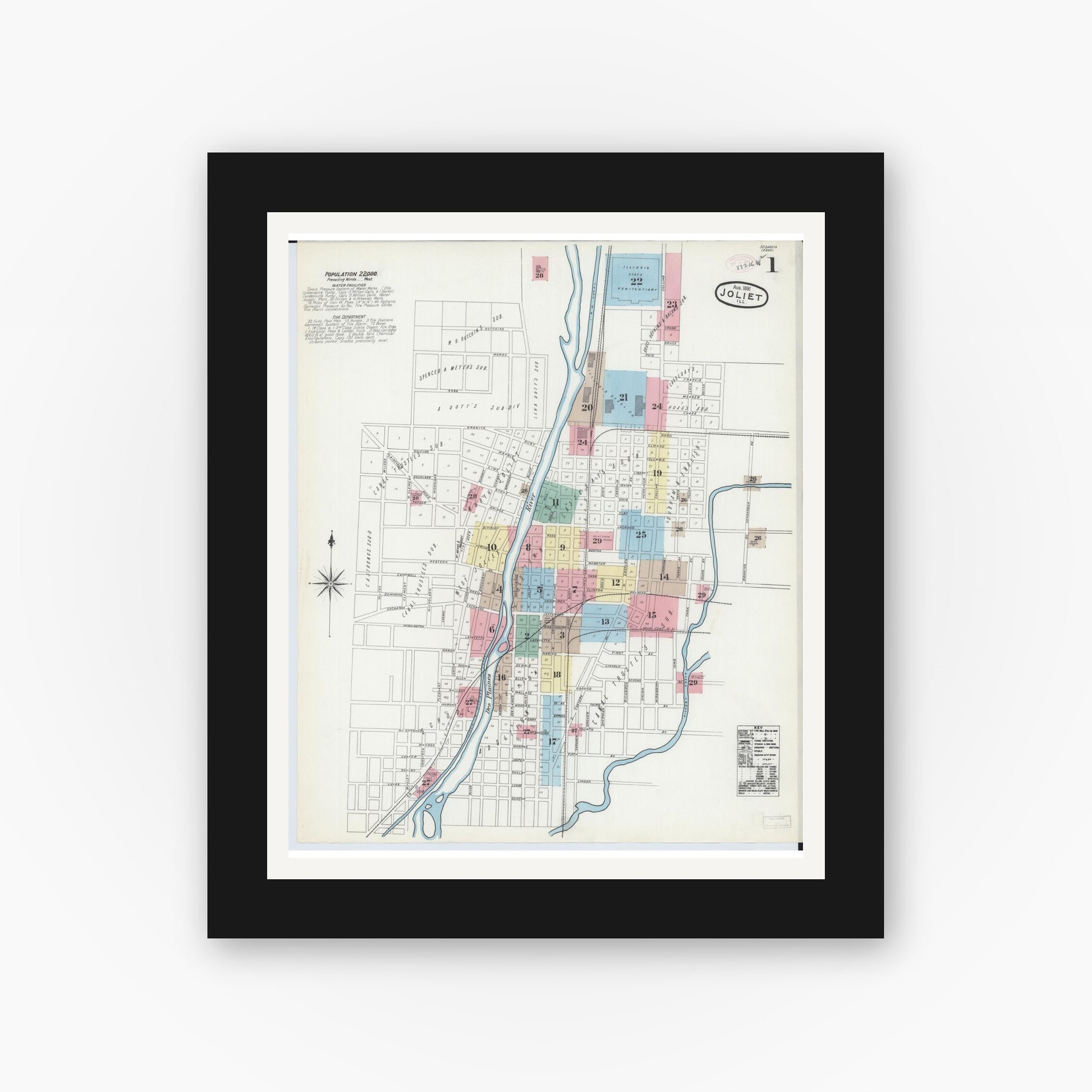 Old map wall art mockup — black gallery frame with white mat — Sanborn Fire Insurance Map from Joliet, Will County, Illinois (1891) - Complete Map Set