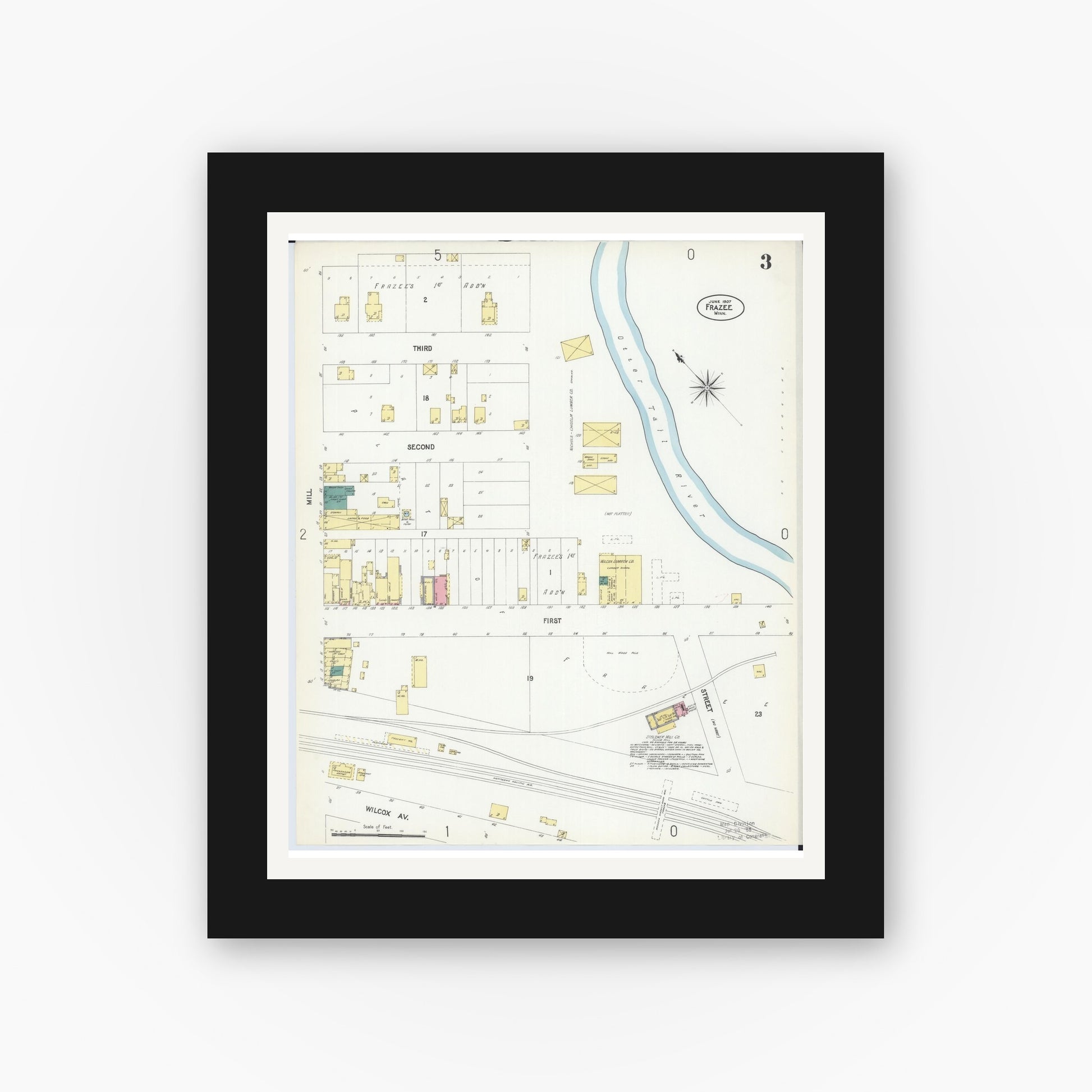 Old map wall art mockup — black gallery frame with white mat — Sanborn Fire Insurance Map from Frazee, Becker County, Minnesota (1907), Sheet #0003