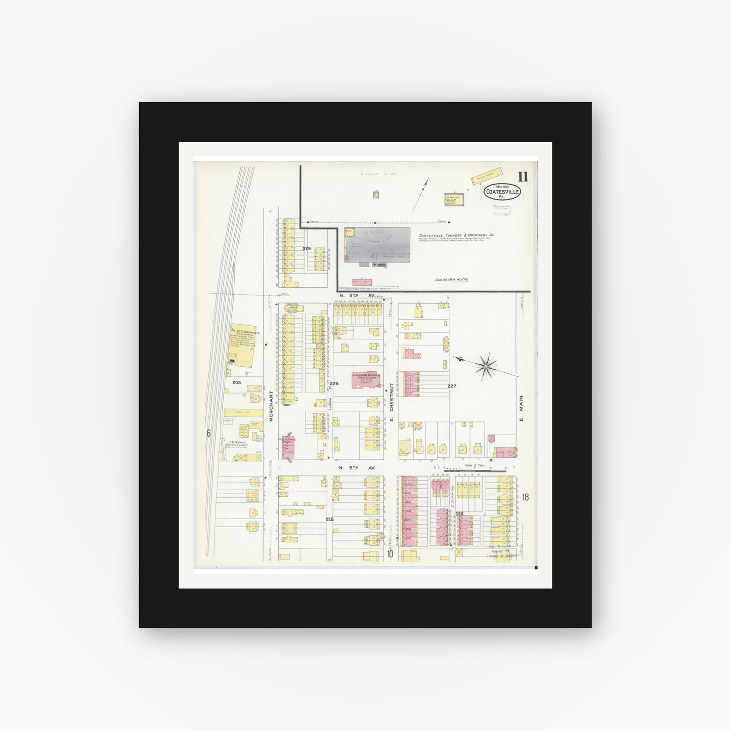 Old map wall art mockup — black gallery frame with white mat — Sanborn Fire Insurance Map from Coatesville, Chester County, Pennsylvania (1909), Sheet #0011