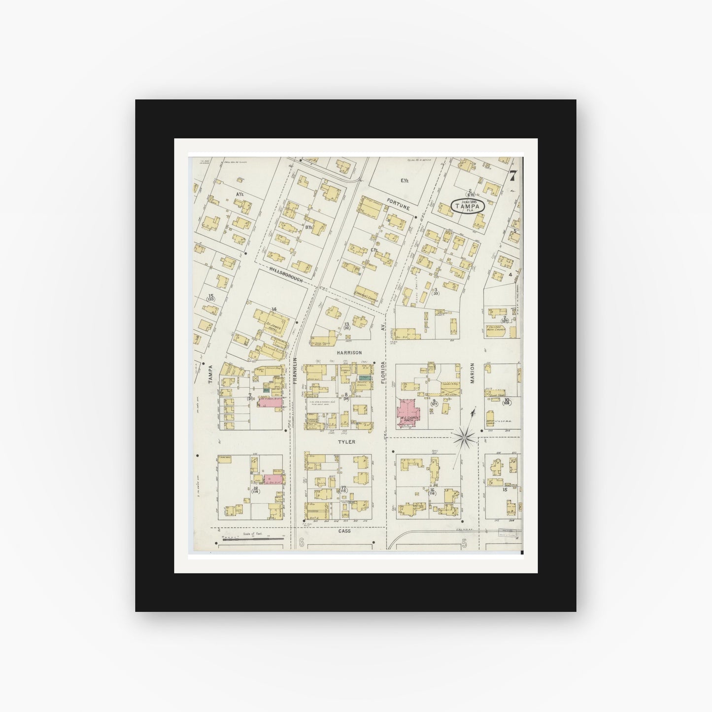 Old map wall art mockup — black gallery frame with white mat — Sanborn Fire Insurance Map from Tampa, Hillsborough County, Florida (1895), Sheet #0011