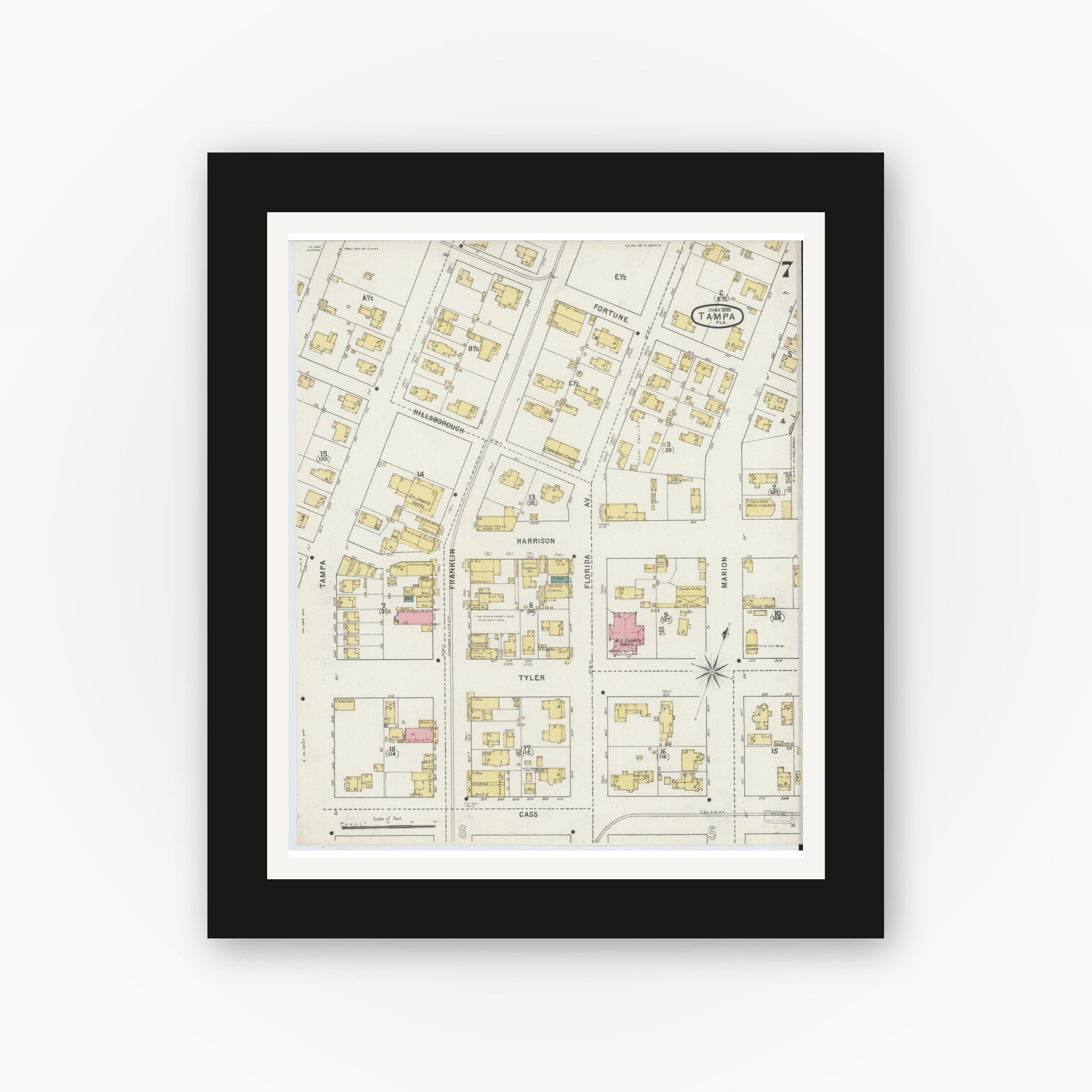 Old map wall art mockup — black gallery frame with white mat — Sanborn Fire Insurance Map from Tampa, Hillsborough County, Florida (1895), Sheet #0011