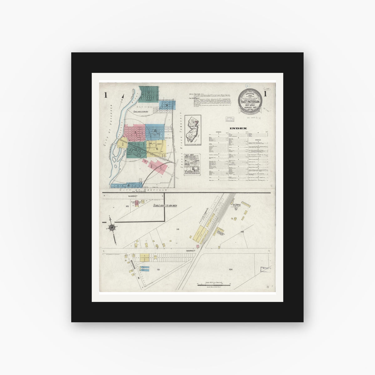 Old map wall art mockup — black gallery frame with white mat — Sanborn Fire Insurance Map from East Paterson, Bergen County, New Jersey (1925) - Complete Map Set