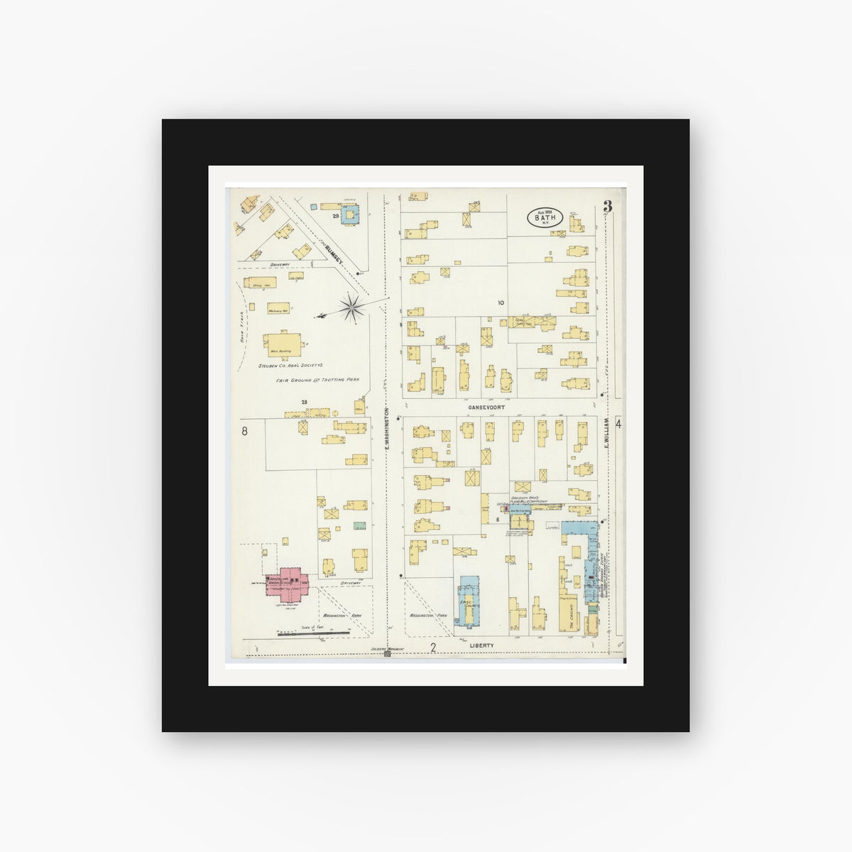 Old map wall art mockup — black gallery frame with white mat — Sanborn Fire Insurance Map from Bath, Steuben County, New York (1898), Sheet #0003