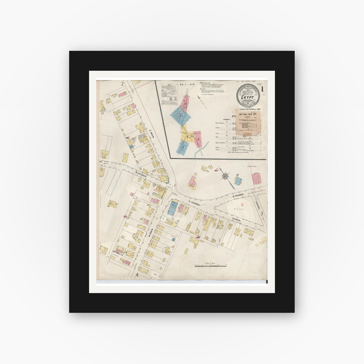 Old map wall art mockup — black gallery frame with white mat — Sanborn Fire Insurance Map from Egypt, Lehigh County, Pennsylvania (1924), Sheet #0001