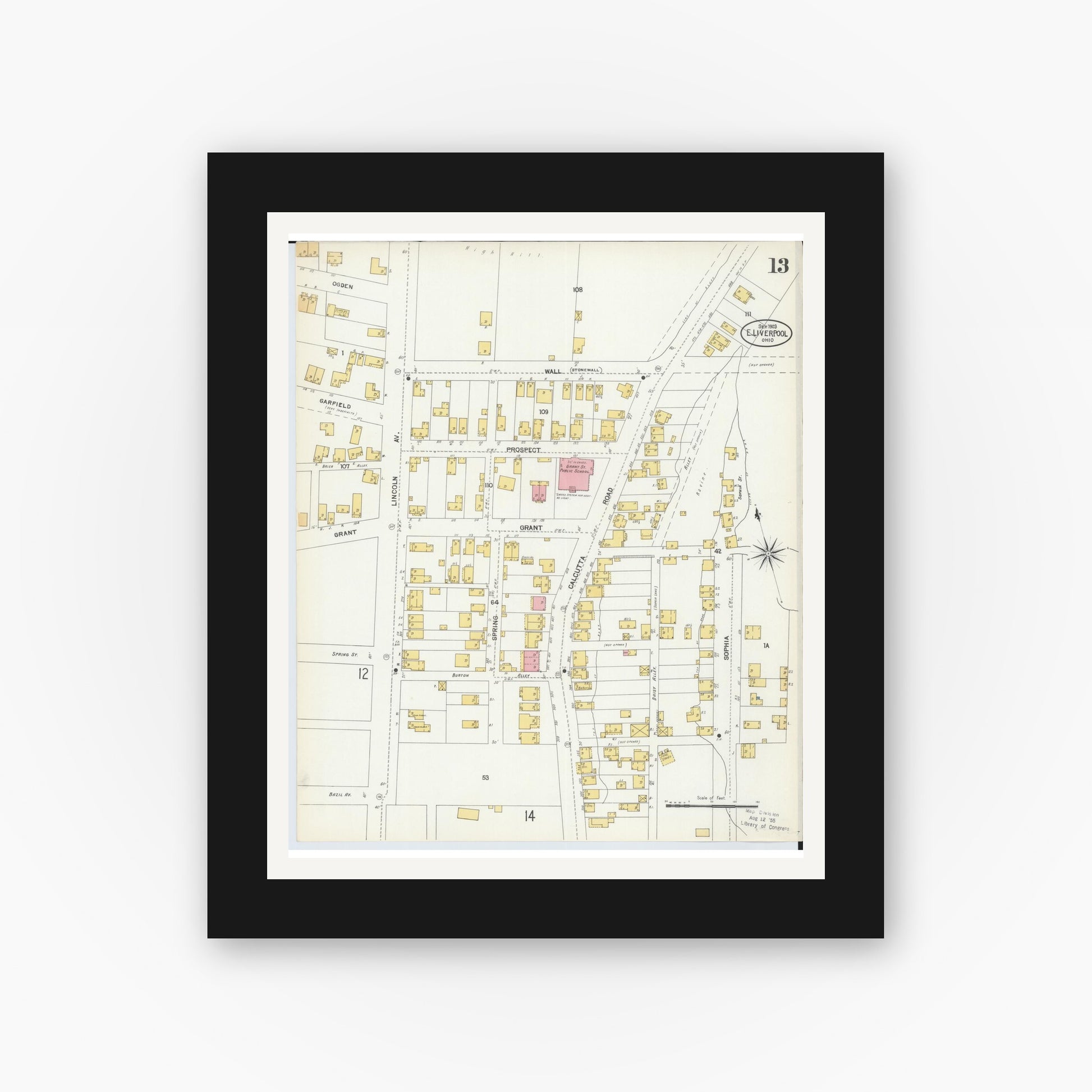 Old map wall art mockup — black gallery frame with white mat — Sanborn Fire Insurance Map from East Liverpool, Columbiana County, Ohio (1903), Sheet #0013