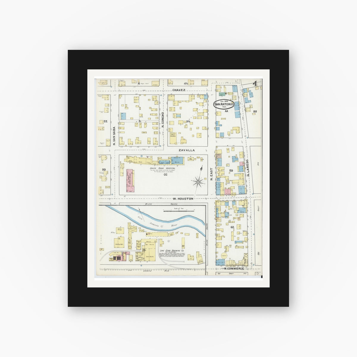 Old map wall art mockup — black gallery frame with white mat — Sanborn Fire Insurance Map from San Antonio, Bexar County, Texas (1892), Sheet #0004