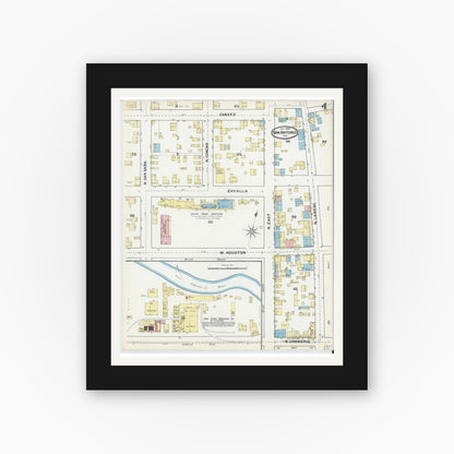 Old map wall art mockup — black gallery frame with white mat — Sanborn Fire Insurance Map from San Antonio, Bexar County, Texas (1892), Sheet #0004