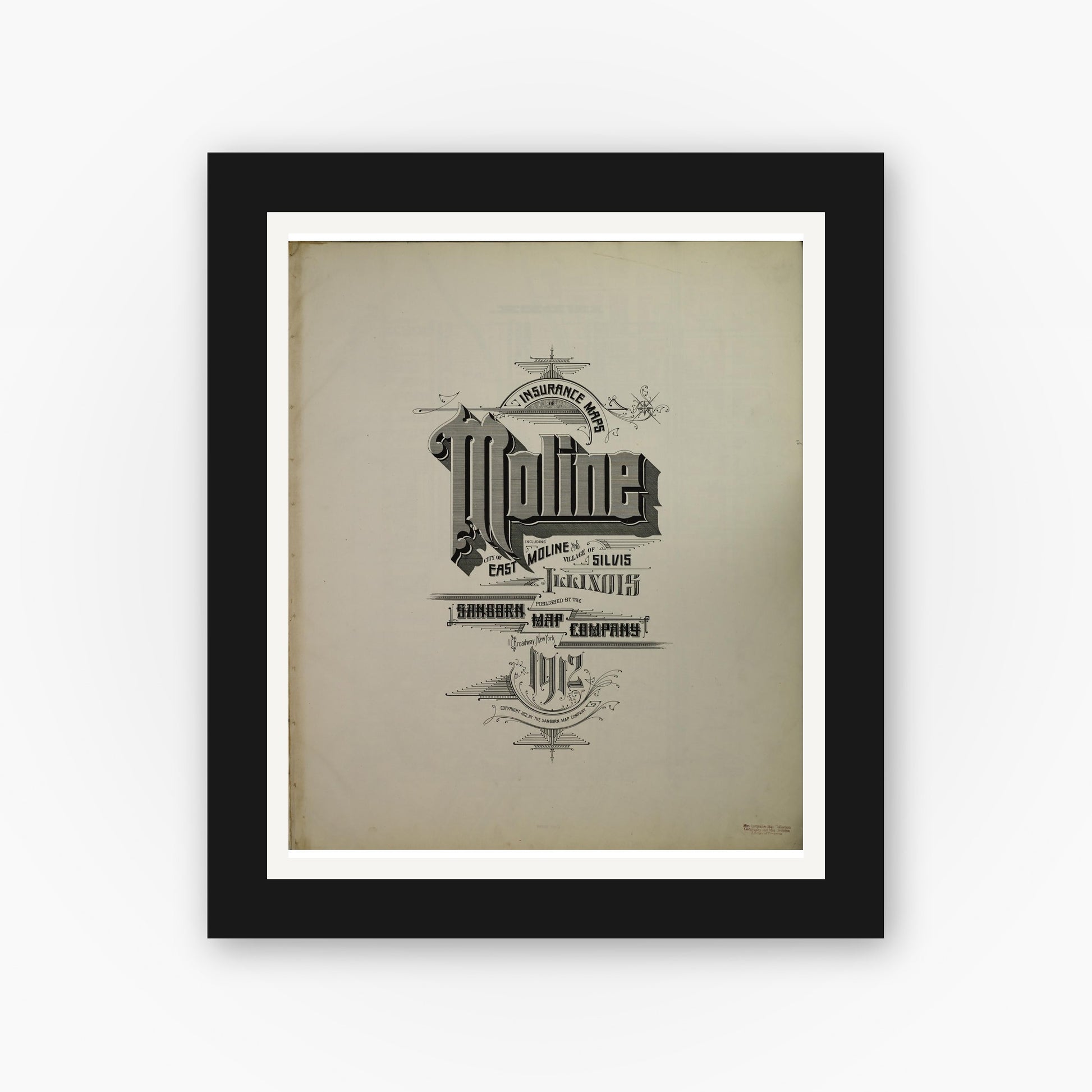 Old map wall art mockup — black gallery frame with white mat — Sanborn Fire Insurance Map from Moline, Rock Island County, Illinois (1912), Sheet #0001