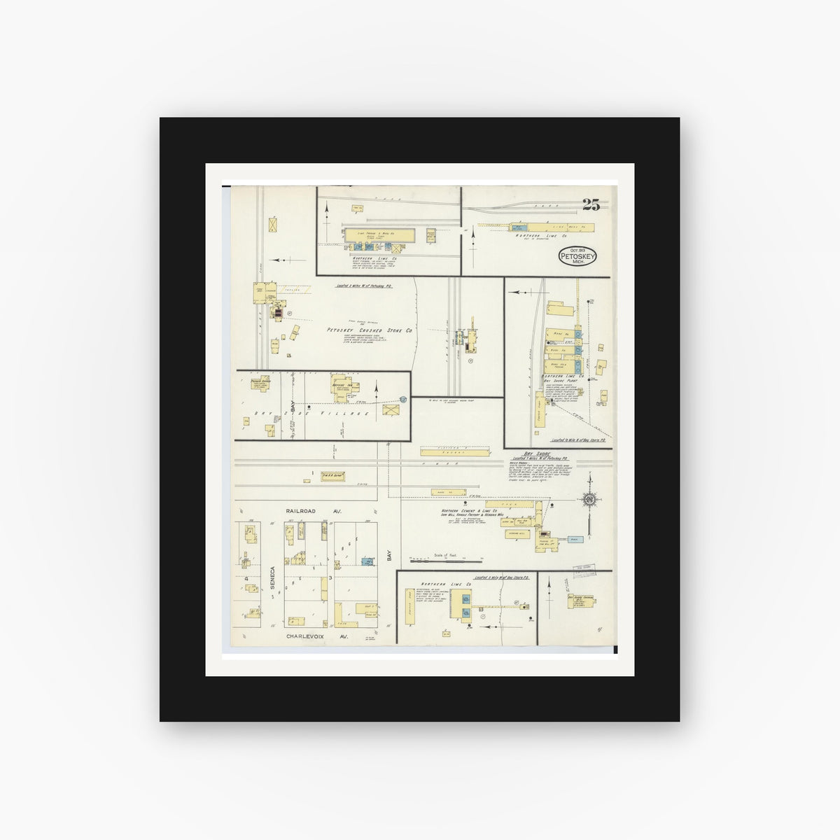 Old map wall art mockup — black gallery frame with white mat — Sanborn Fire Insurance Map from Petoskey, Emmet County, Michigan (1913), Sheet #0025