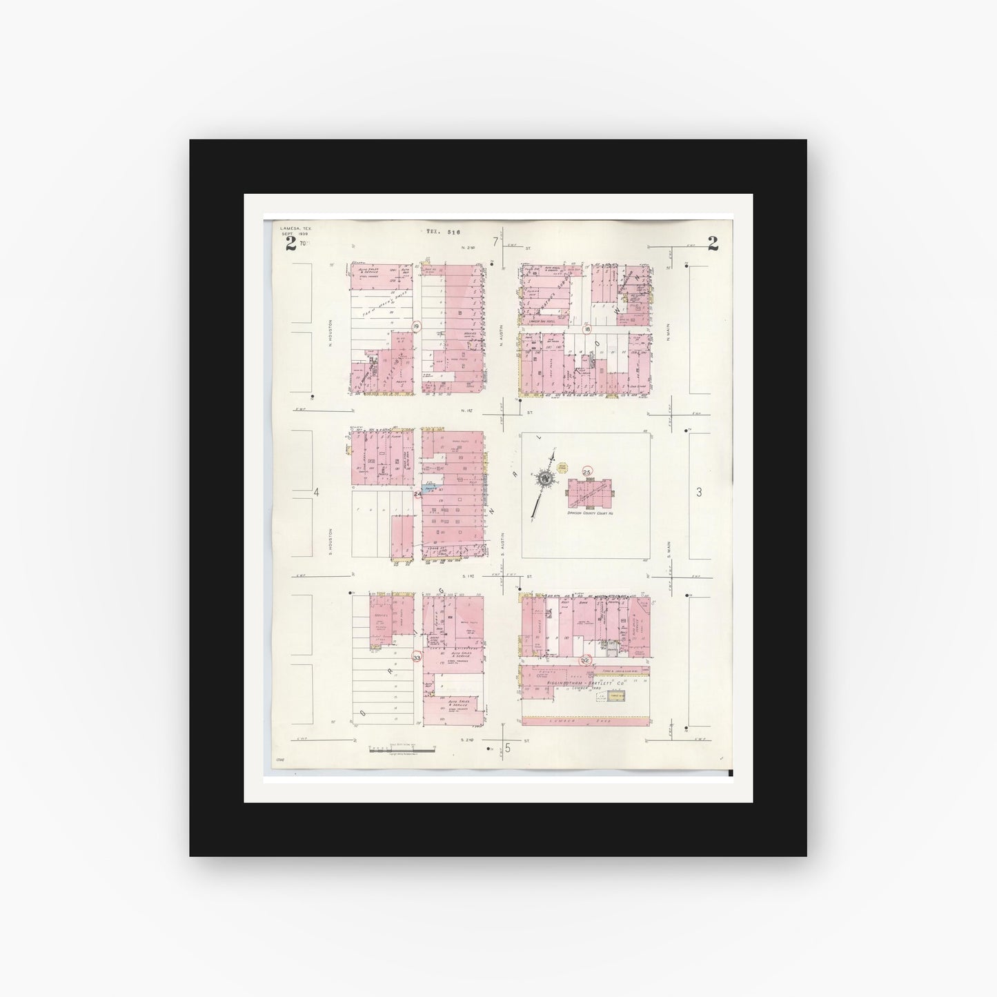 Old map wall art mockup — black gallery frame with white mat — Sanborn Fire Insurance Map from Lamesa, Dawson County, Texas (1948), Sheet #0002