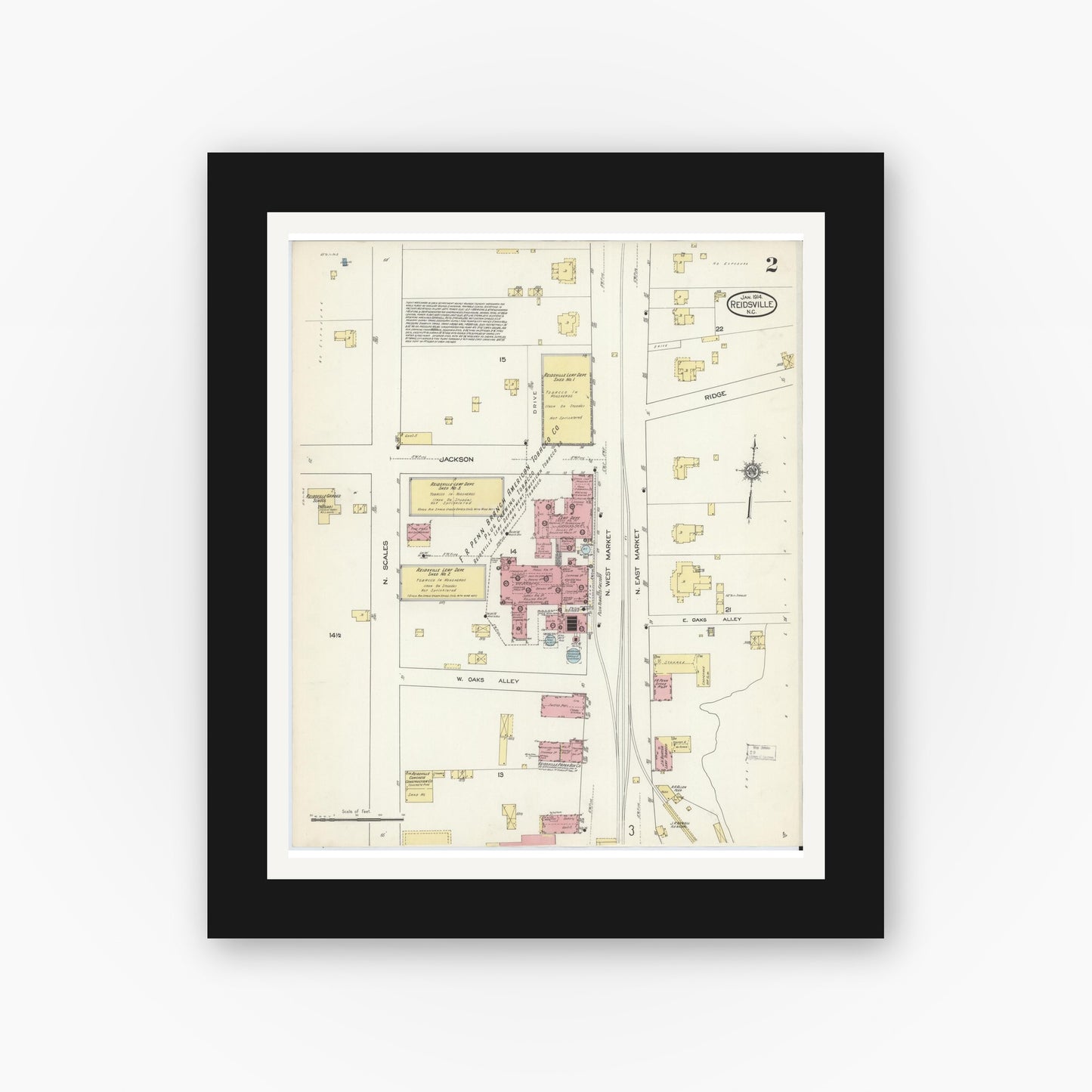 Old map wall art mockup — black gallery frame with white mat — Sanborn Fire Insurance Map from Reidsville, Rockingham County, North Carolina (1914), Sheet #0002