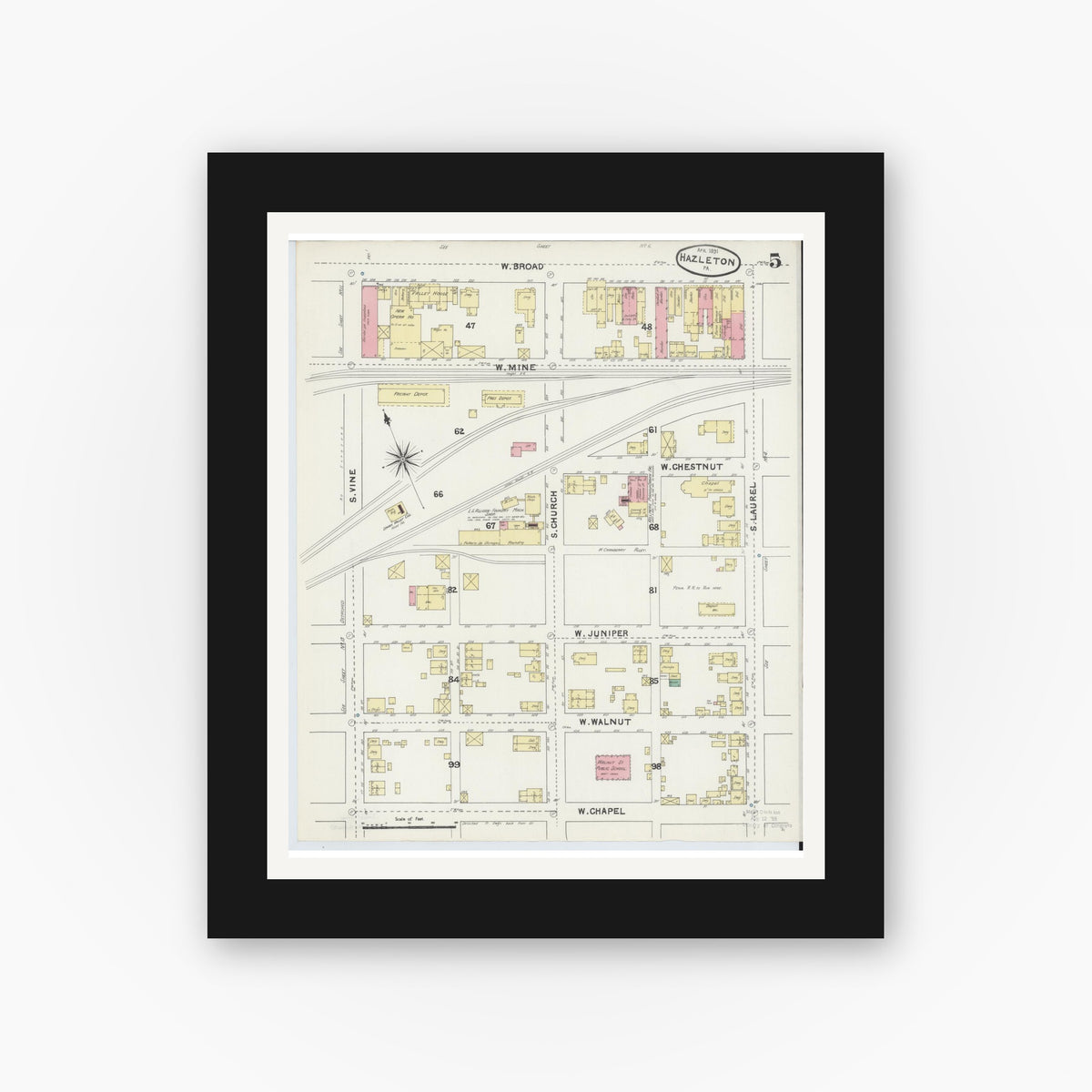 Old map wall art mockup — black gallery frame with white mat — Sanborn Fire Insurance Map from Hazleton, Luzerne County, Pennsylvania (1891), Sheet #0005