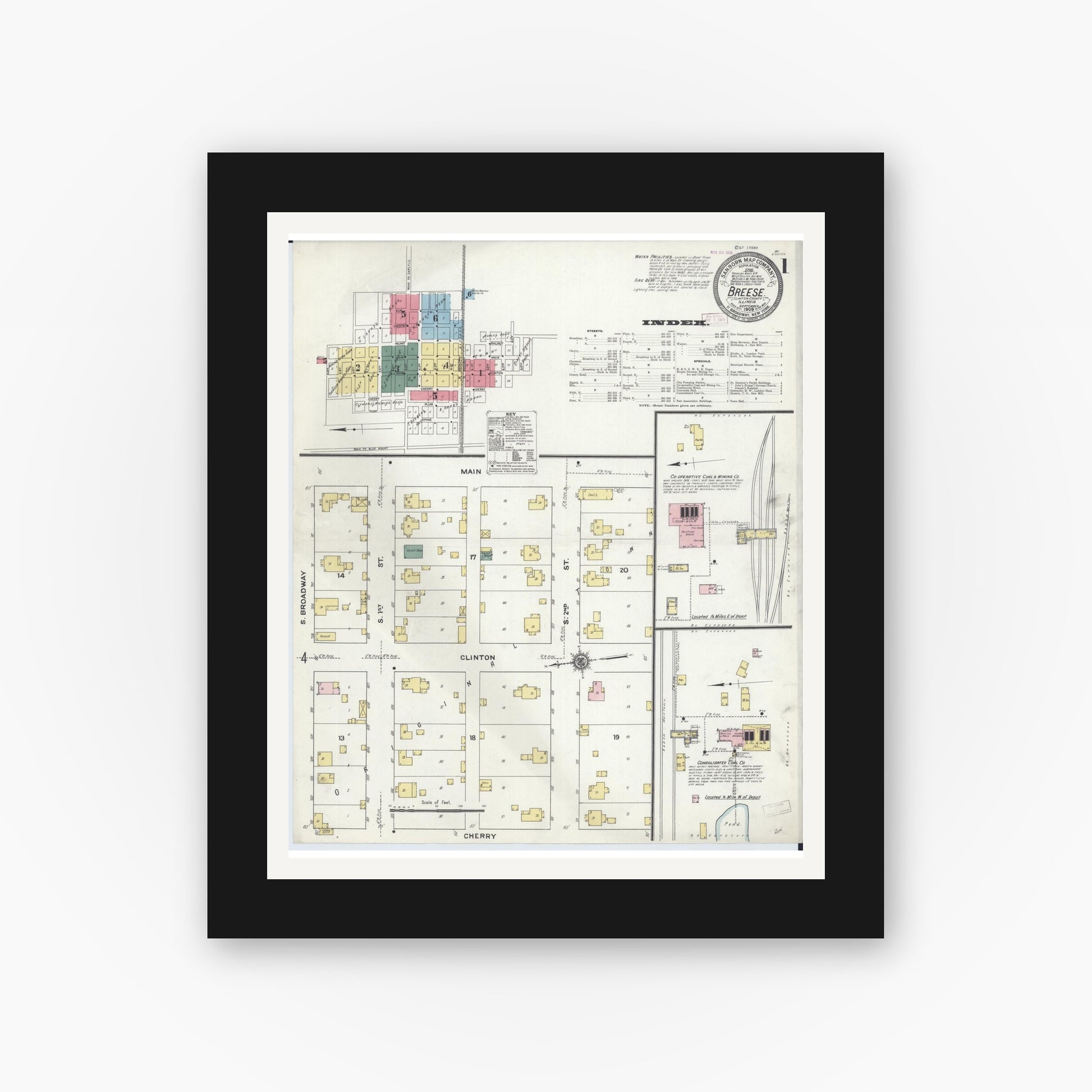 Old map wall art mockup — black gallery frame with white mat — Sanborn Fire Insurance Map from Breese, Clinton County, Illinois (1909) - Complete Map Set