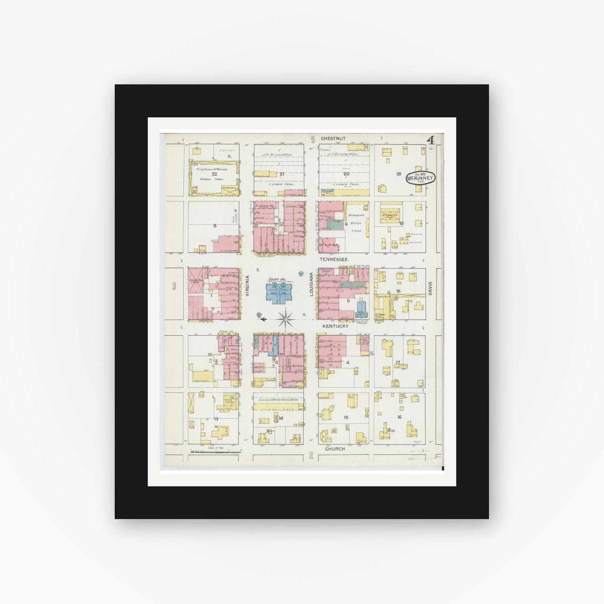 Old map wall art mockup — black gallery frame with white mat — Sanborn Fire Insurance Map from McKinney, Collin County, Texas (1892), Sheet #0004