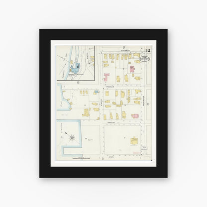 Old map wall art mockup — black gallery frame with white mat — Sanborn Fire Insurance Map from Ogdensburg, St. Lawrence County, New York (1898), Sheet #0012