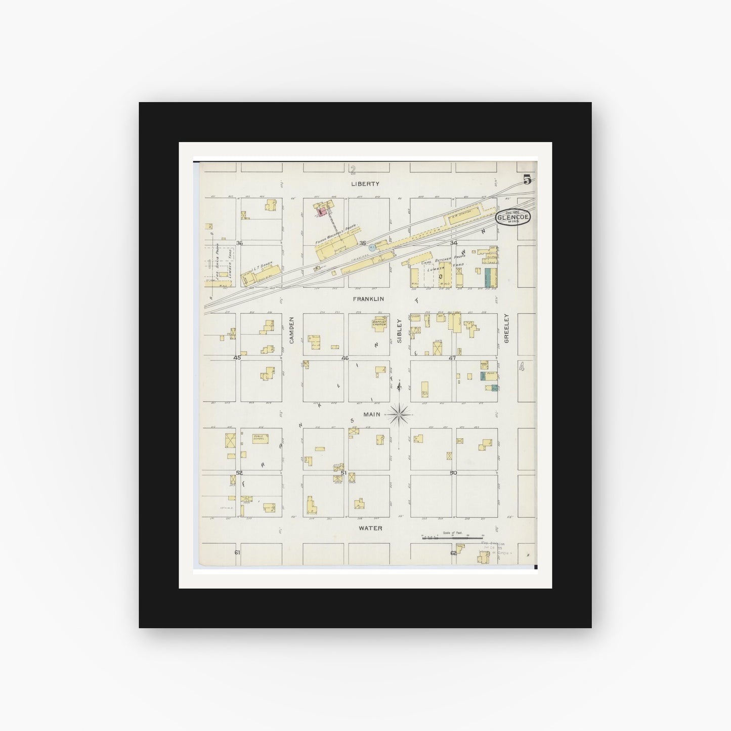 Old map wall art mockup — black gallery frame with white mat — Sanborn Fire Insurance Map from Glencoe, Mcleod County, Minnesota (1893), Sheet #0005