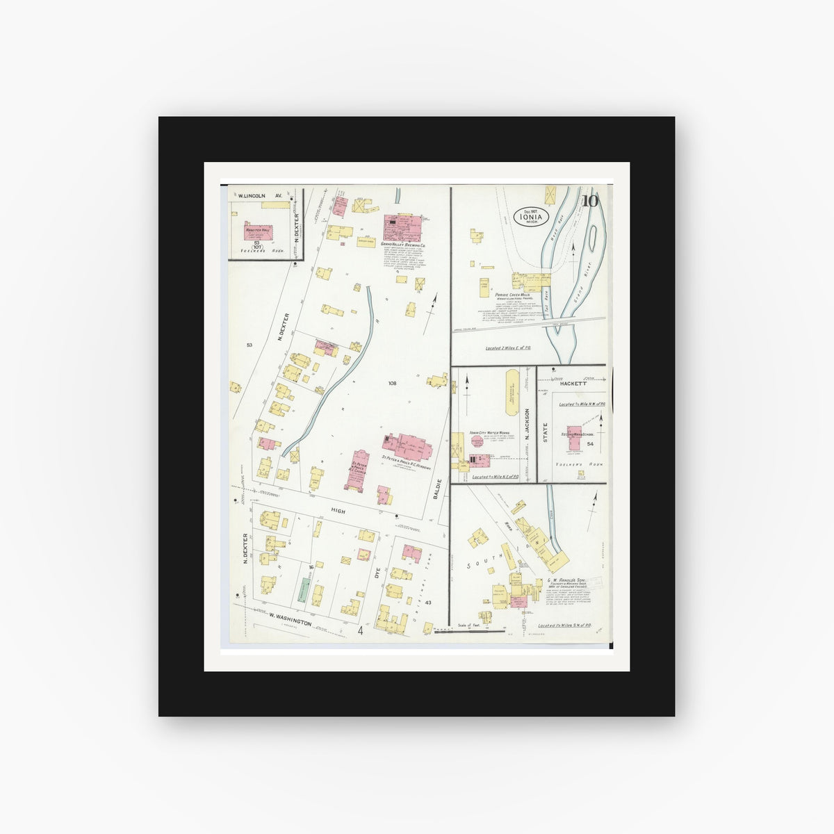 Old map wall art mockup — black gallery frame with white mat — Sanborn Fire Insurance Map from Ionia, Ionia County, Michigan (1907), Sheet #0010