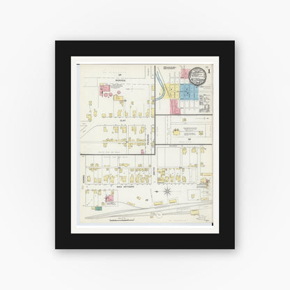 Old map wall art mockup — black gallery frame with white mat — Sanborn Fire Insurance Map from Millersburg, Holmes County, Ohio (1892), Sheet #0001