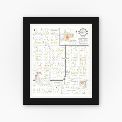 Old map wall art mockup — black gallery frame with white mat — Sanborn Fire Insurance Map from Prairie City, Jasper County, Iowa (1940) â€” Complete Set