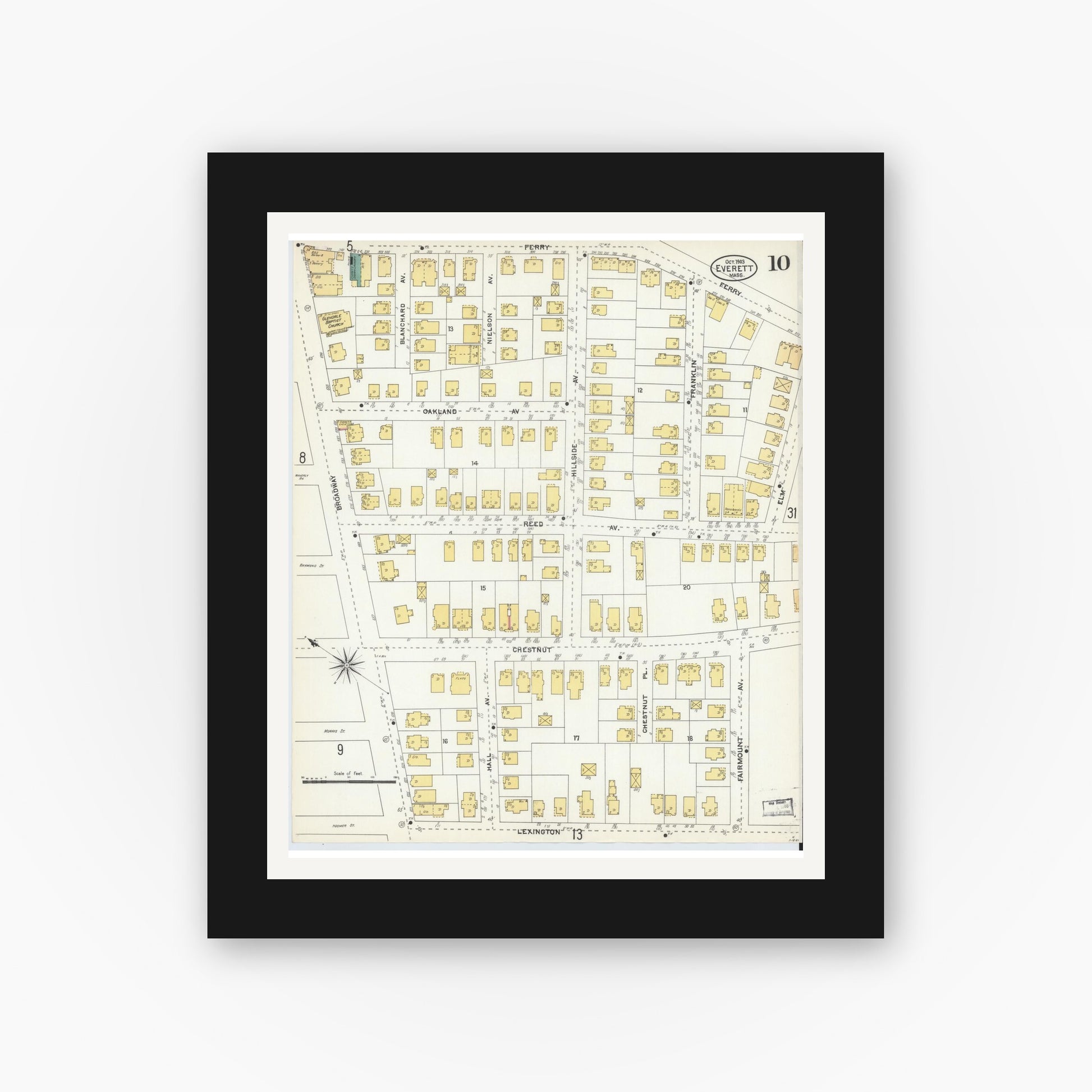 Old map wall art mockup — black gallery frame with white mat — Sanborn Fire Insurance Map from Everett, Middlesex County, Massachusetts (1903), Sheet #0010
