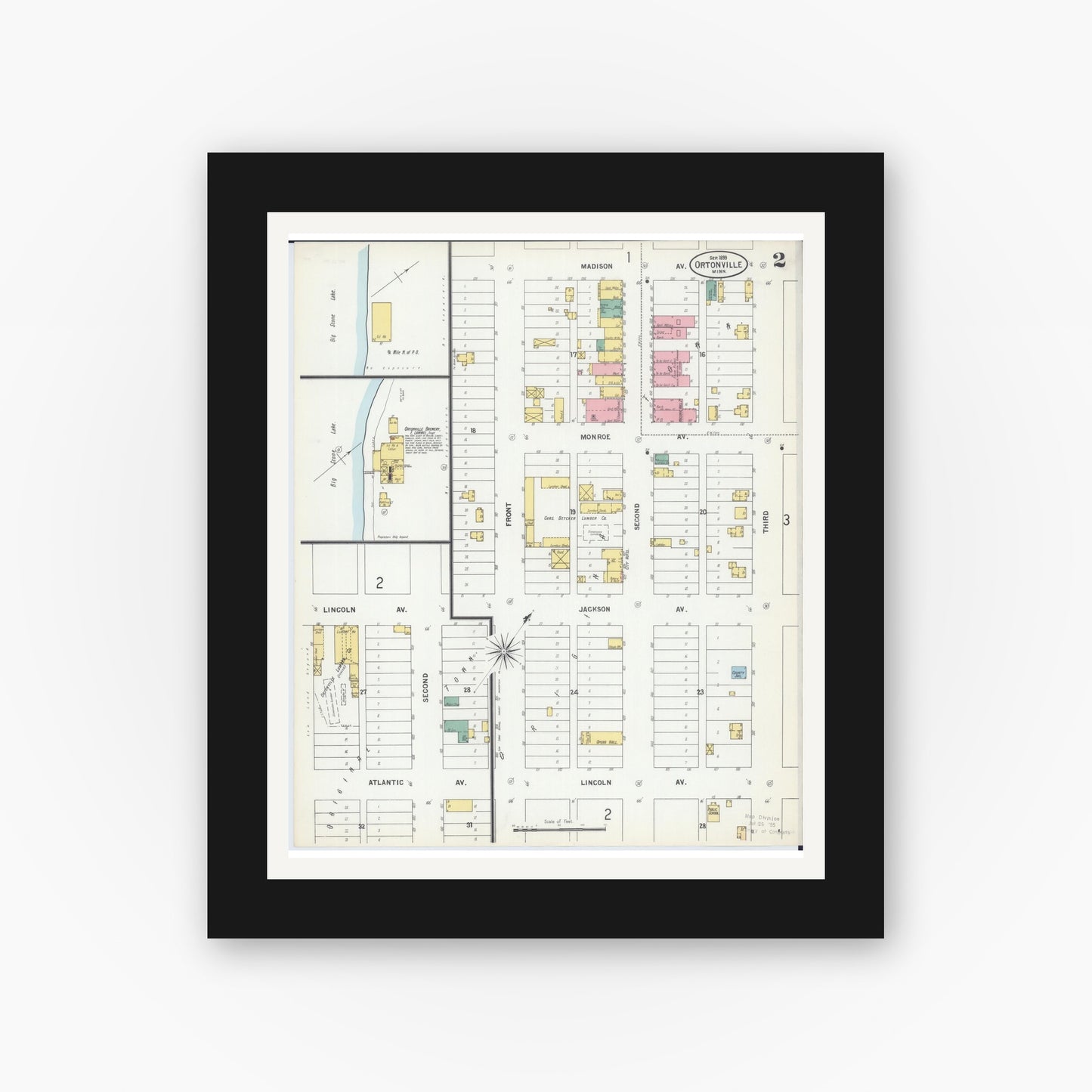Old map wall art mockup — black gallery frame with white mat — Sanborn Fire Insurance Map from Ortonville, Big Stone County, Minnesota (1899), Sheet #0002