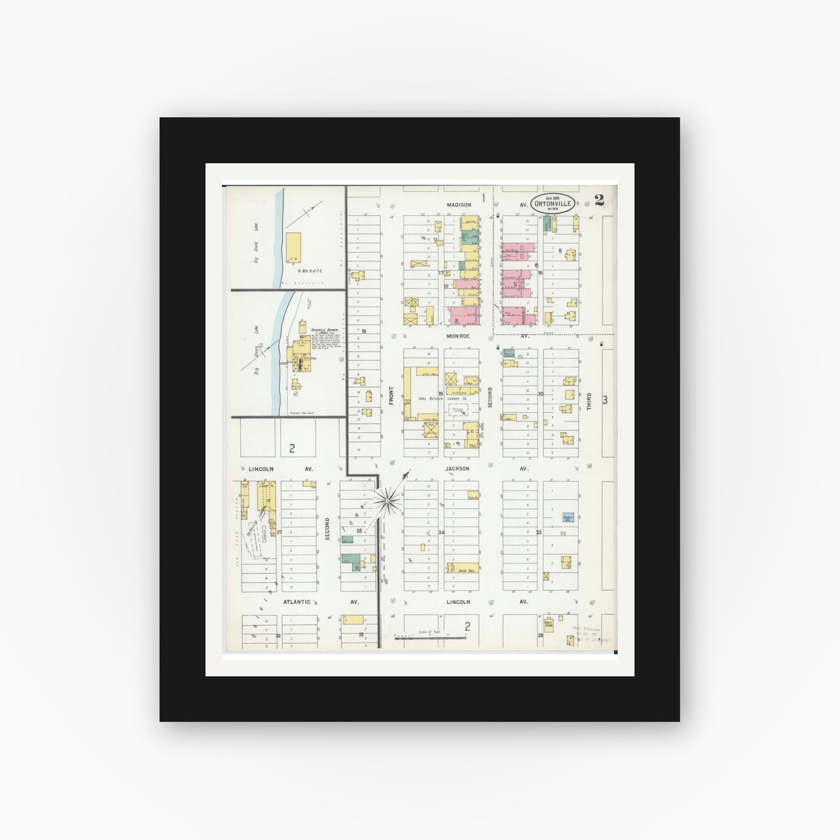 Old map wall art mockup — black gallery frame with white mat — Sanborn Fire Insurance Map from Ortonville, Big Stone County, Minnesota (1899), Sheet #0002