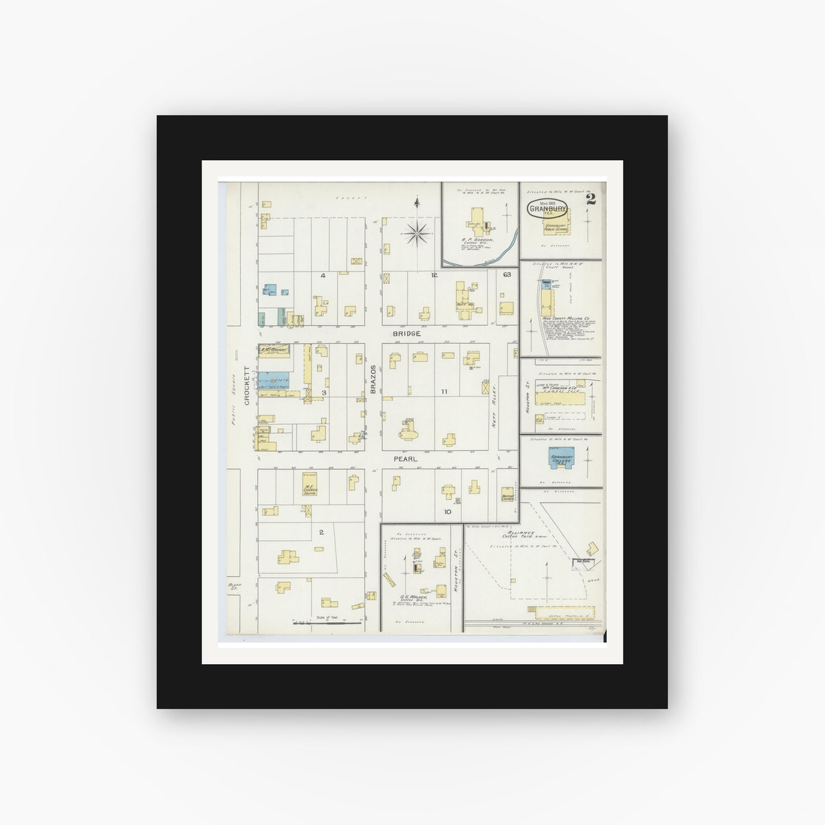 Old map wall art mockup — black gallery frame with white mat — Sanborn Fire Insurance Map from Granbury, Hood County, Texas (1893), Sheet #0002