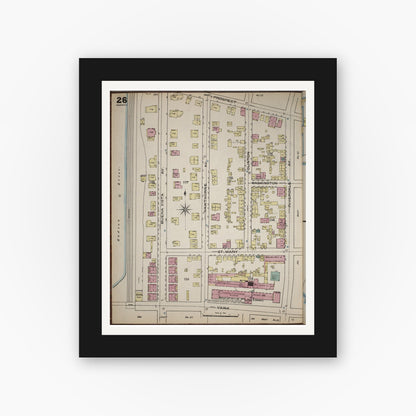 Old map wall art mockup — black gallery frame with white mat — Sanborn Fire Insurance Map from Yonkers, Westchester County, New York (1886), Sheet #0026