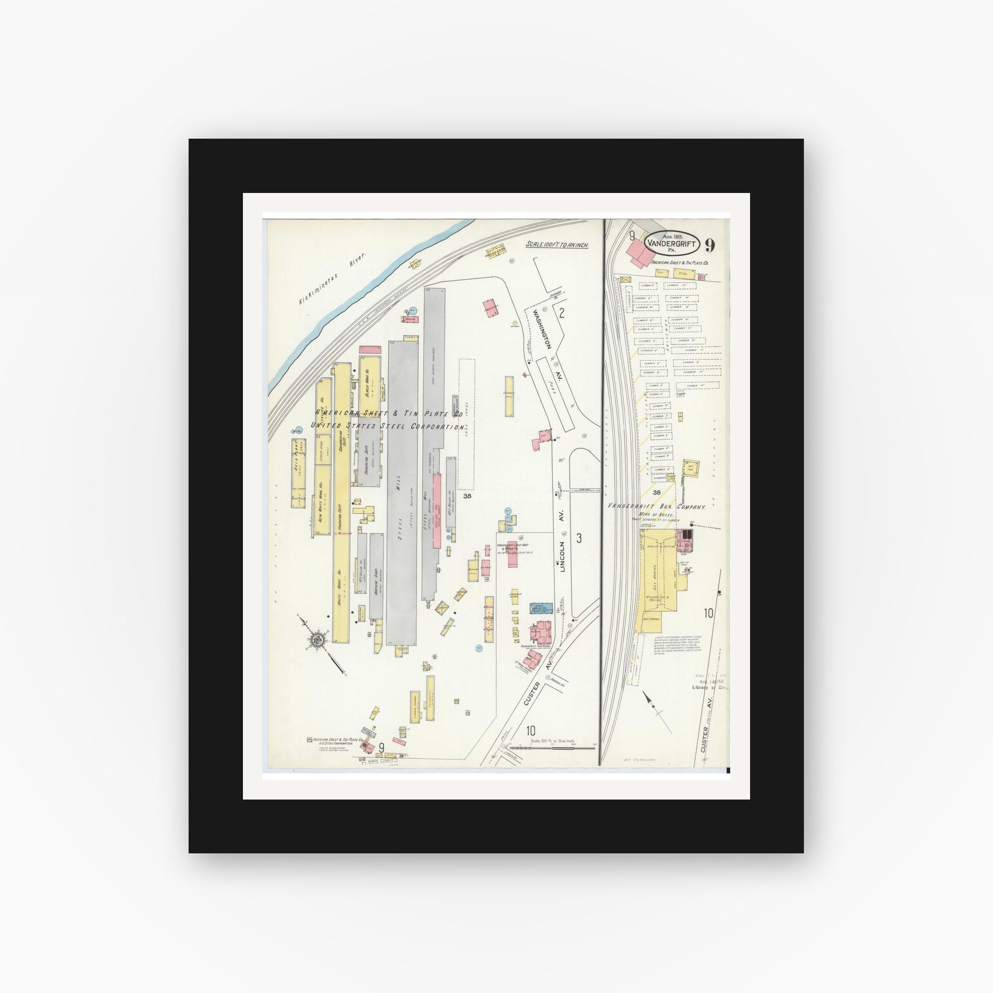 Old map wall art mockup — black gallery frame with white mat — Sanborn Fire Insurance Map from Vandergrift, Westmoreland County, Pennsylvania (1915), Sheet #0009