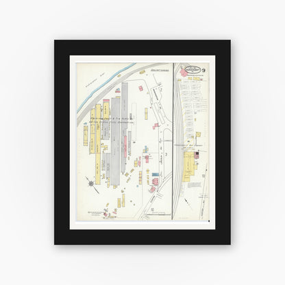 Old map wall art mockup — black gallery frame with white mat — Sanborn Fire Insurance Map from Vandergrift, Westmoreland County, Pennsylvania (1915), Sheet #0009