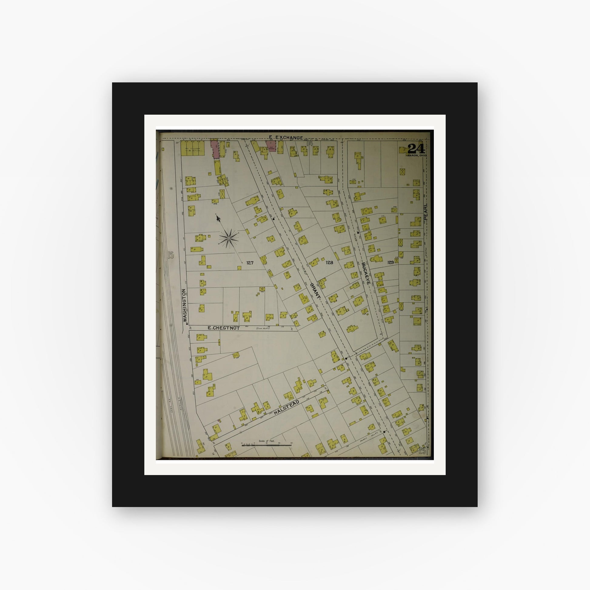 Old map wall art mockup — black gallery frame with white mat — Sanborn Fire Insurance Map from Akron, Summit County, Ohio (1892), Sheet #0024