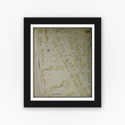 Old map wall art mockup — black gallery frame with white mat — Sanborn Fire Insurance Map from Akron, Summit County, Ohio (1892), Sheet #0024