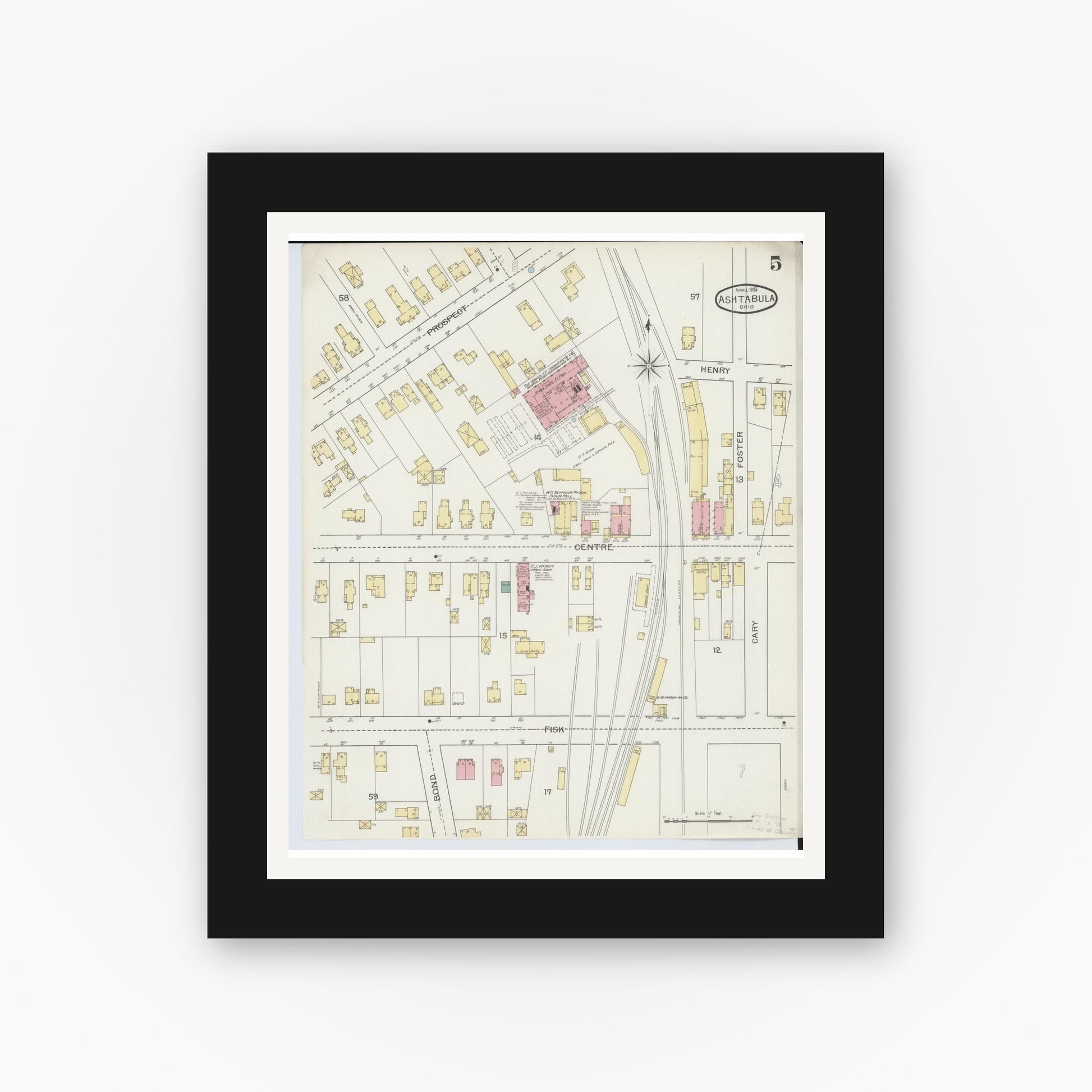 Old map wall art mockup — black gallery frame with white mat — Sanborn Fire Insurance Map from Ashtabula, Ashtabula County, Ohio (1893), Sheet #0005