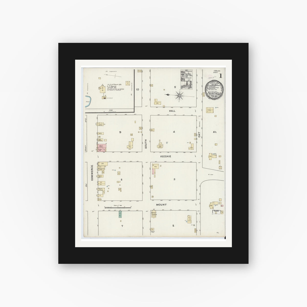 Old map wall art mockup — black gallery frame with white mat — Sanborn Fire Insurance Map from Fairfield, Freestone County, Texas (1891) - Complete Map Set