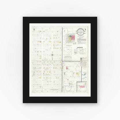 Old map wall art mockup — black gallery frame with white mat — Sanborn Fire Insurance Map from Newcastle, Young County, Texas (1933), Sheet #0001