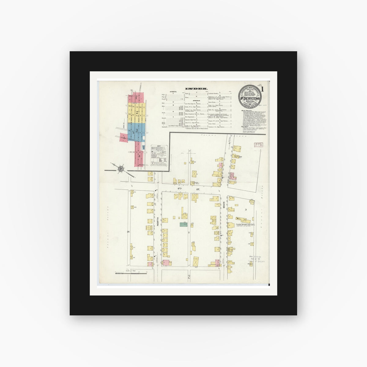 Old map wall art mockup — black gallery frame with white mat — Sanborn Fire Insurance Map from McSherrystown, Adams County, Pennsylvania (1910) - Complete Map Set